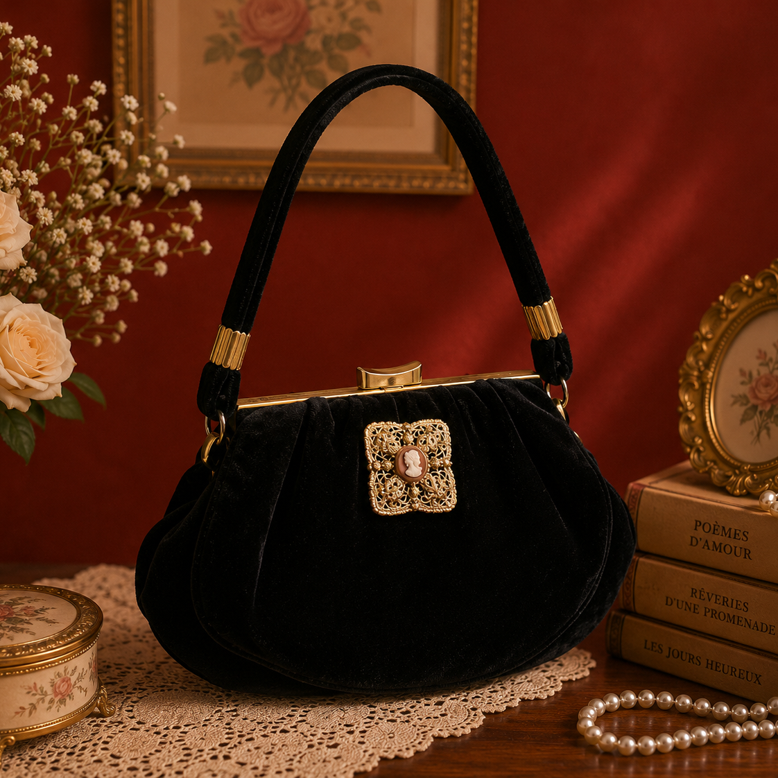 C.a.1940s Black Velvet Evening Bag with Gilded Cameo Brooch Embellishment (MT2375)