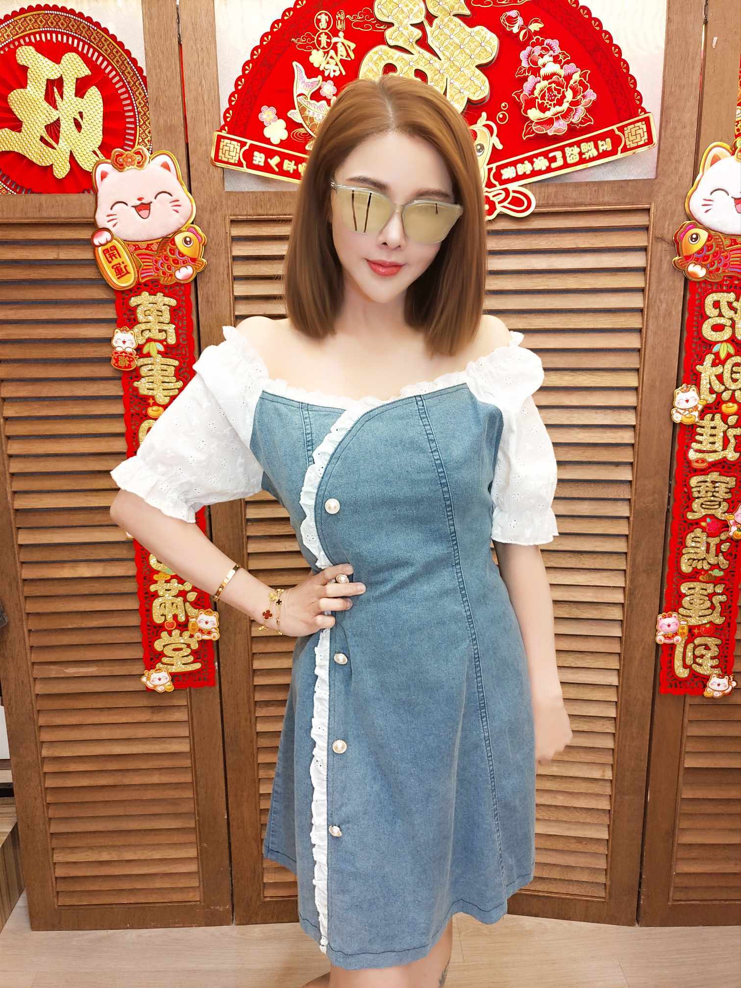 TW#5181 蕾丝拼接牛仔连衣裙