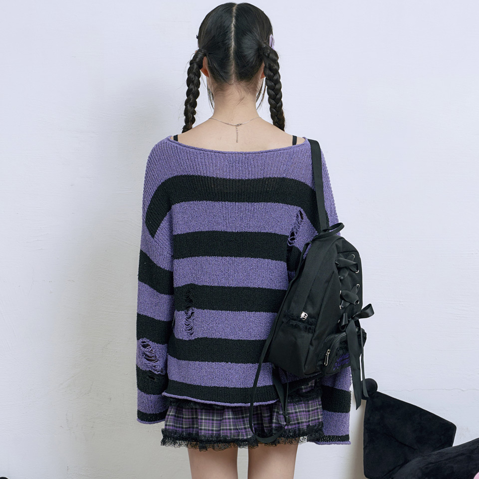 Venhit x Kuromi Striped Damaged Knit (Purple)
