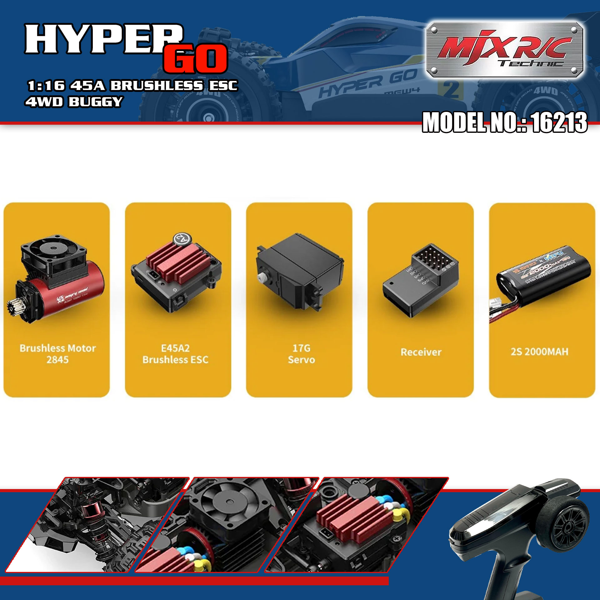 全新 美嘉欣 MJX R/C 1:16 16213 無刷越野車 | 雙車殼及2套車軩 | 金屬齒輪 | 油壓避震 | 可用2s-3s電 | 最高速約60KM/H