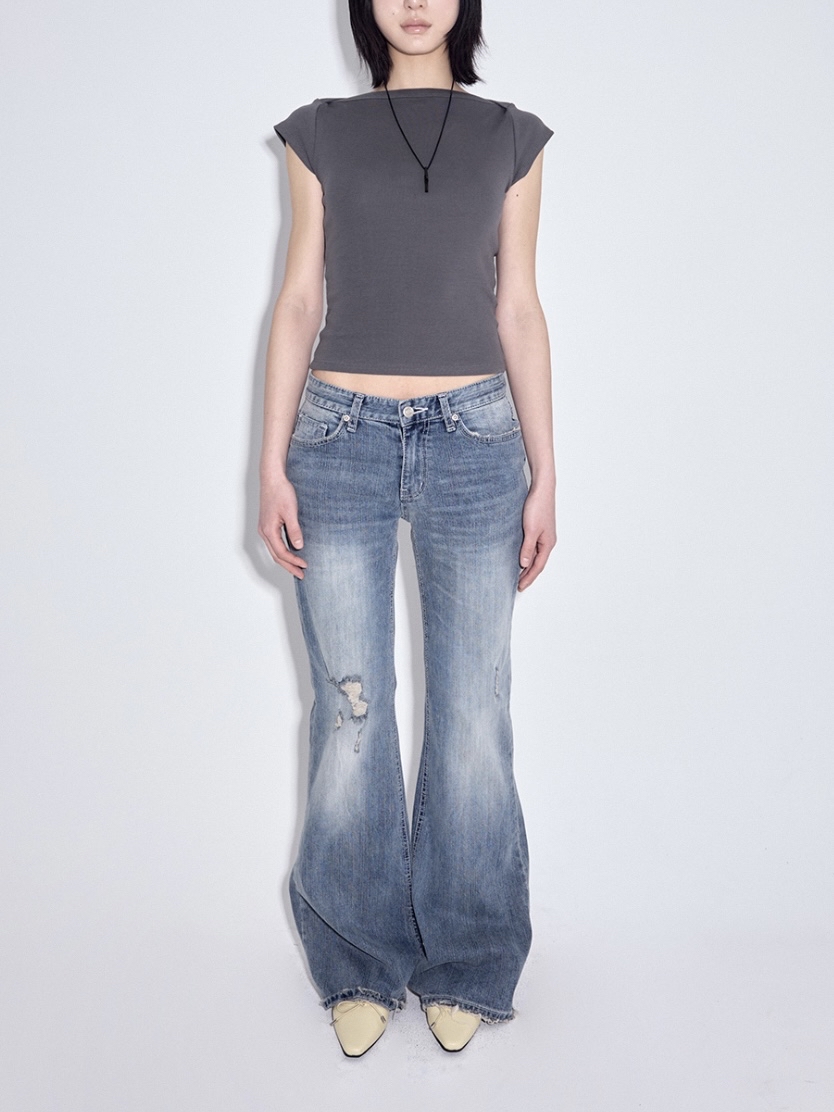 Low-Rise Distressed Bootcut Denim
