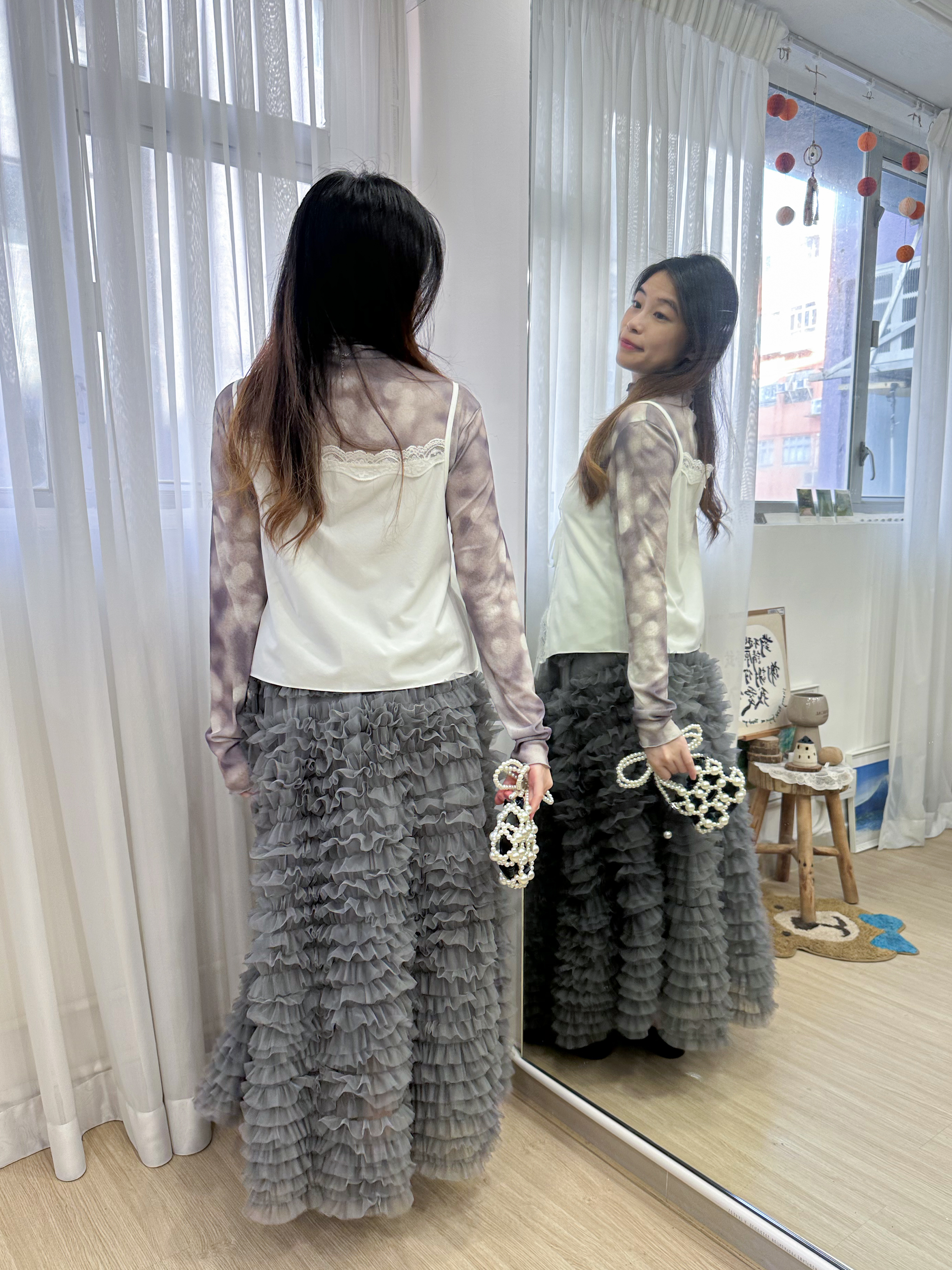 高檔藝術風～印花高領上衣 PP0003 - 淺灰色 Light Grey