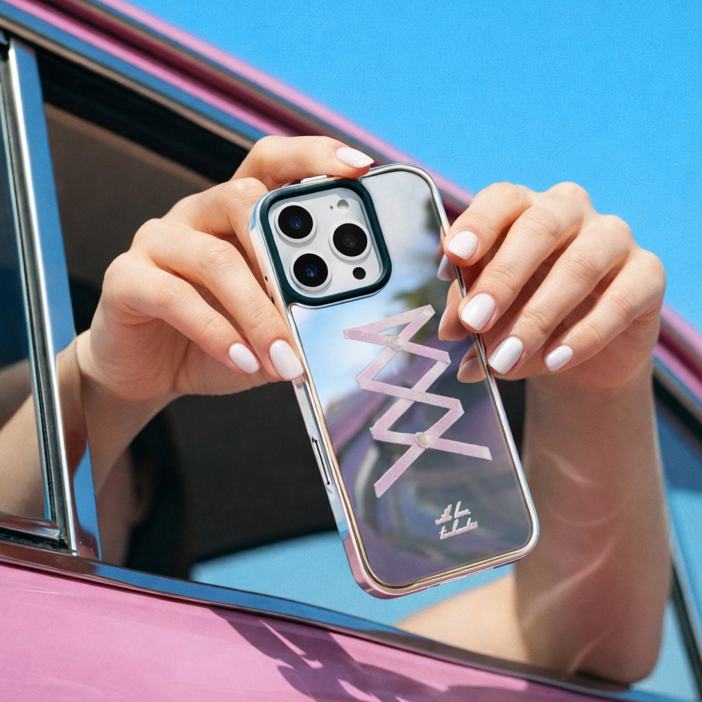 【Crisscross Silky Strap X Heart Pearl Button】銀框鏡面MagSafe iPhone Case