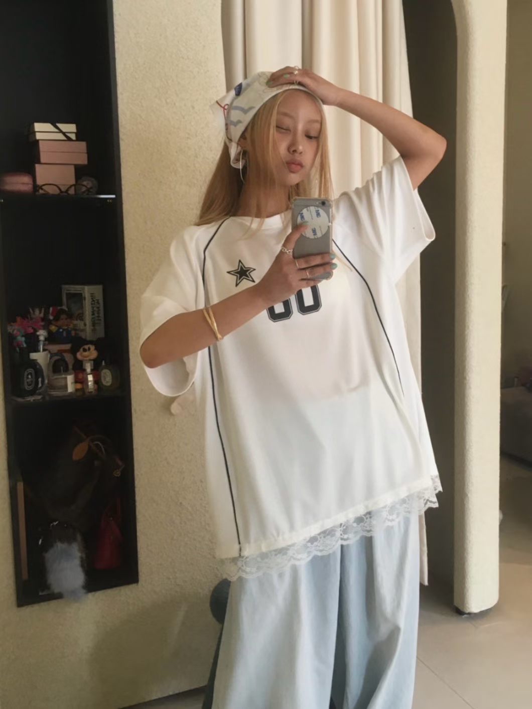 休閒蕾絲拼接寬鬆上衣