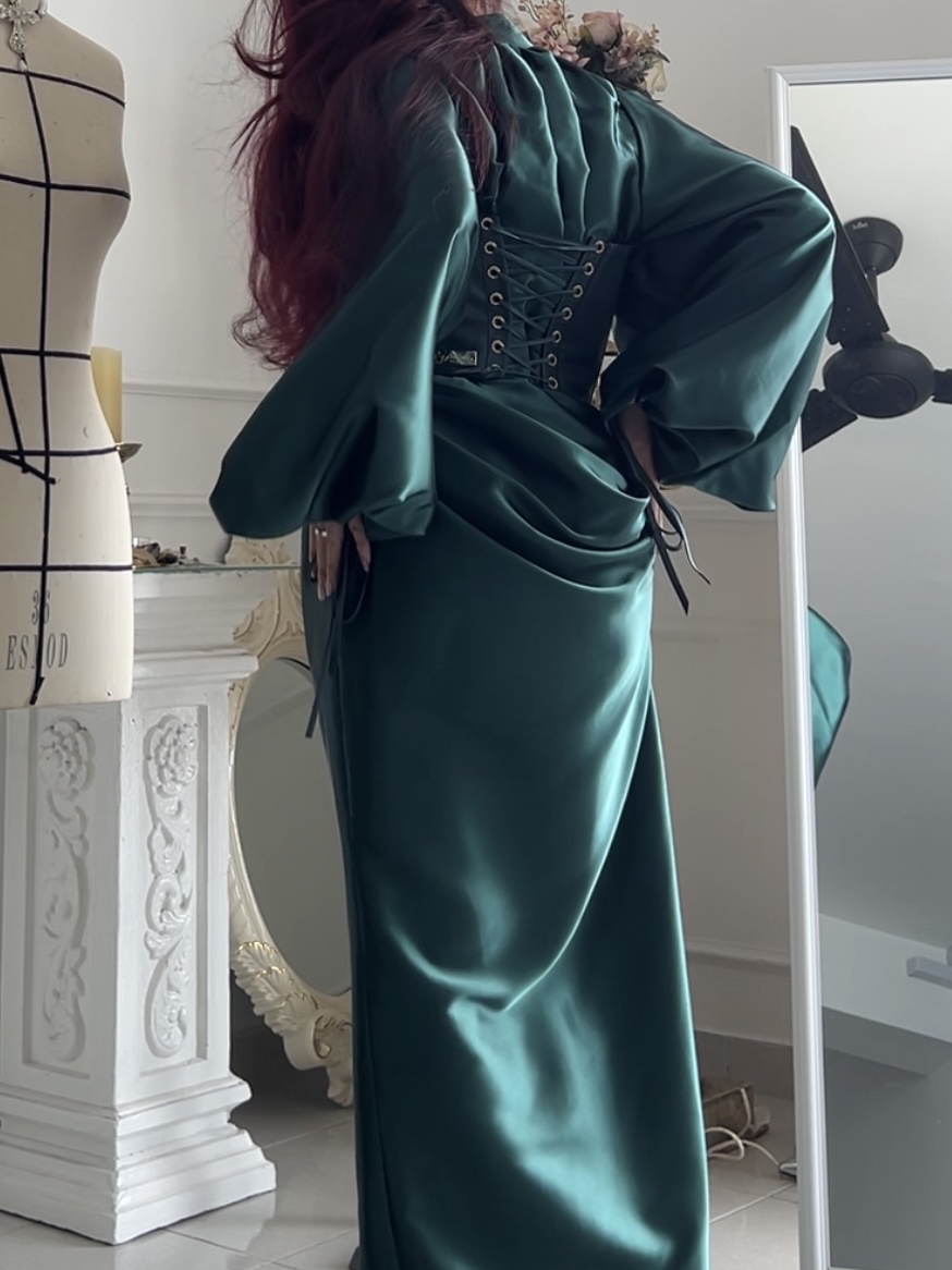 Kadita Songket Corset and Draped Skirt with King Blouse in Emerald Green