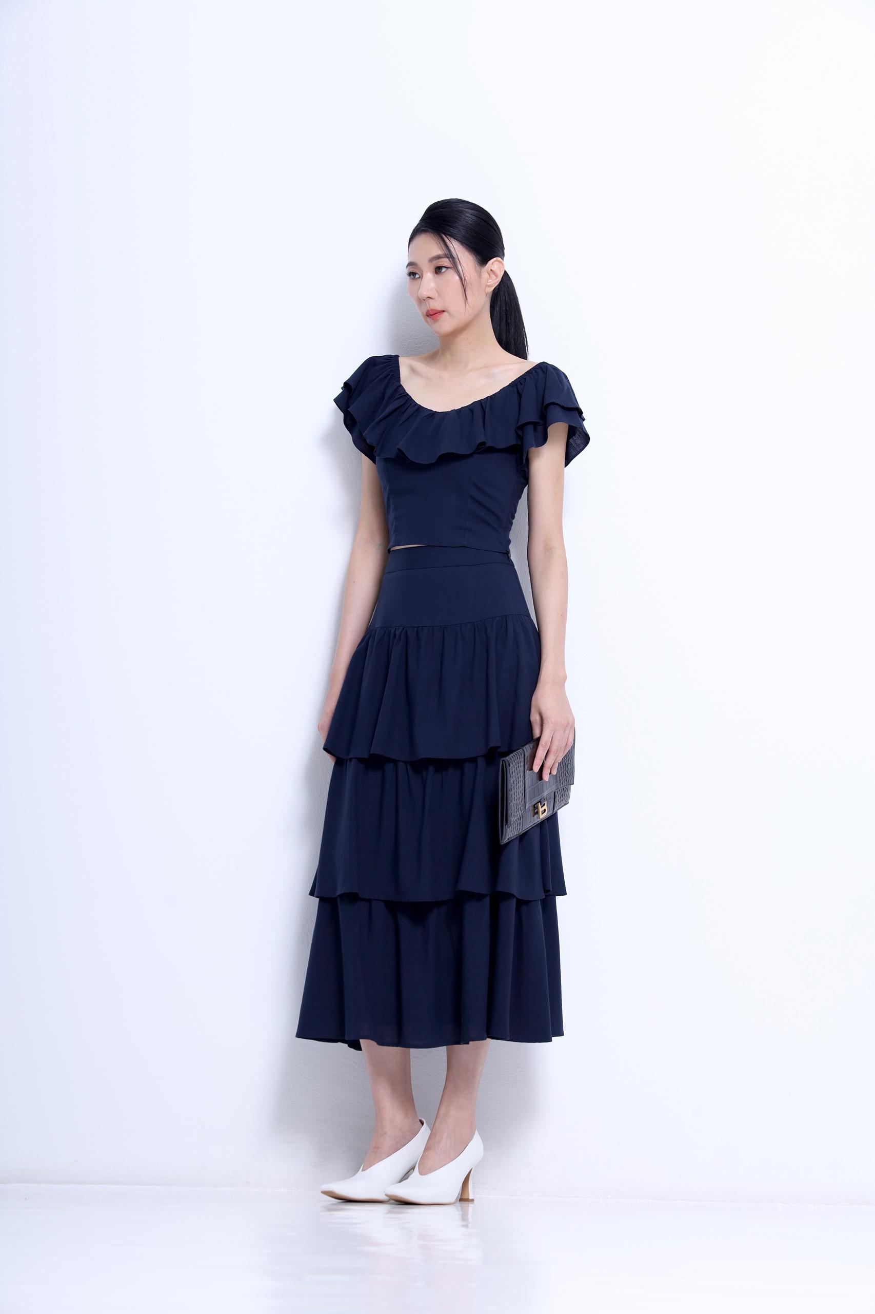 CS1433 Tiered Ruffle Midi Skirt