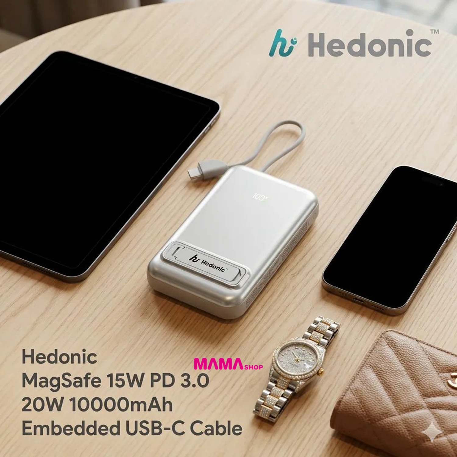 香港行貨 Hedonic 10000mah MagSafe 15W + PD 20W 自帶線支架行動電源 （CCC+Qrcode認證）