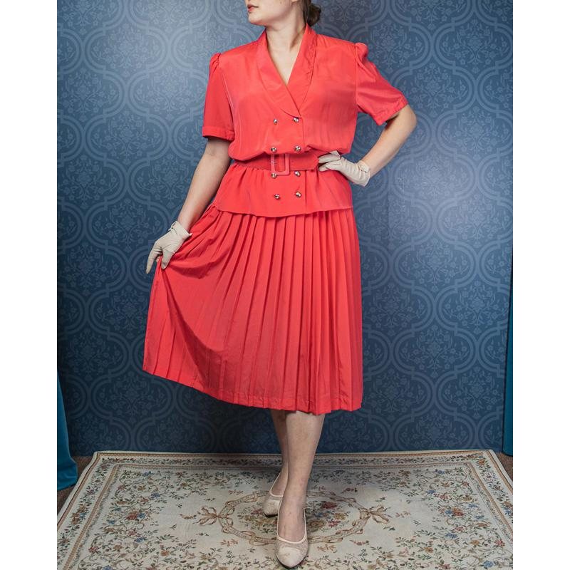 Vintage C.a. 1980s Hana Sung Made in Korea Faux Twin Set Dress with Original belt - US size 14 (MU104-28)
