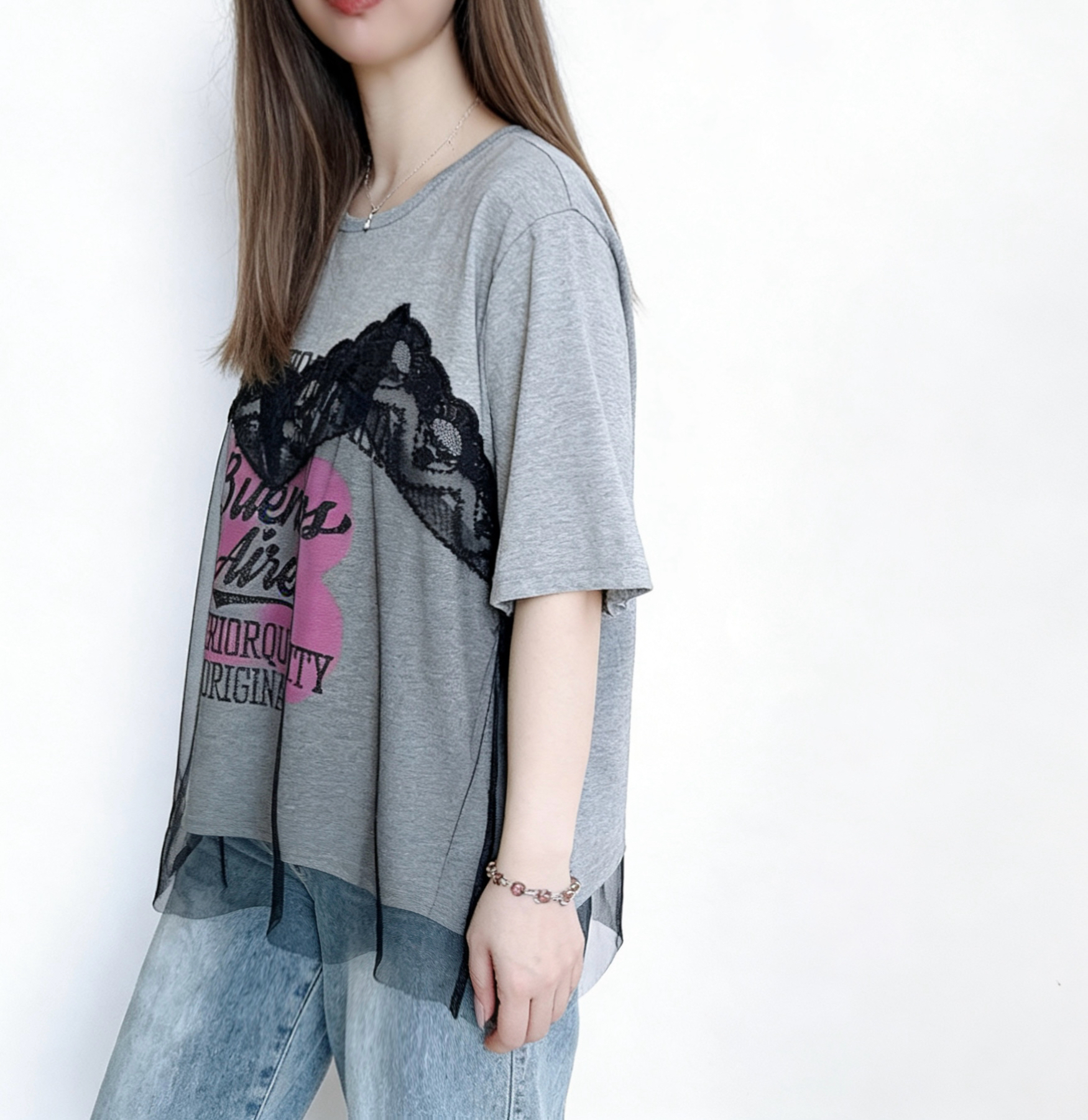 🌼初春優惠🍀 英文字拼LACE網紗Tee