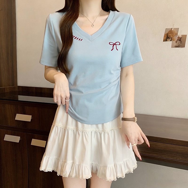 B176(36910) 韩版时尚V领蝴蝶结印花排点领边褶皱腰4色上衣