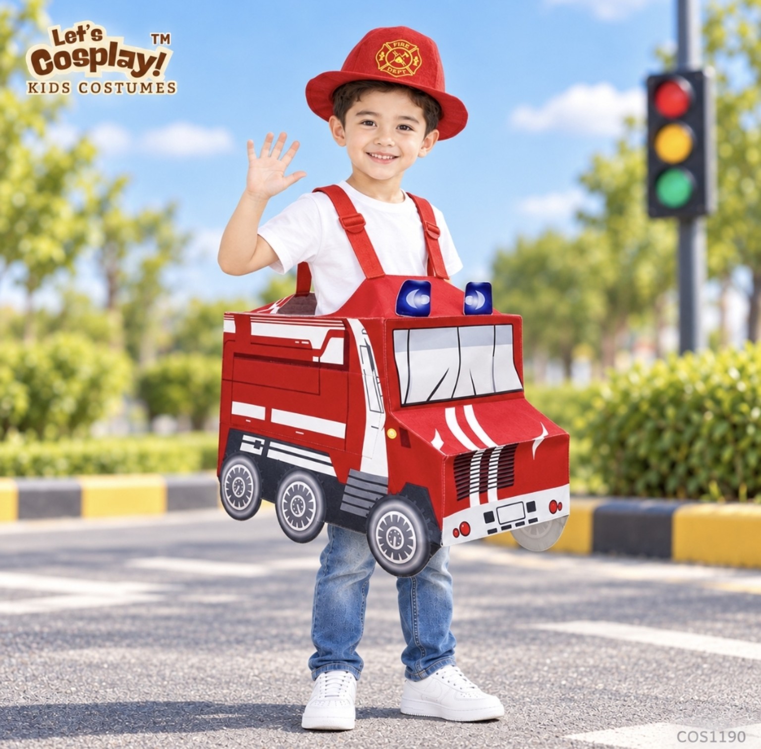 兒童紅色消防車立體吊帶車連消防帽角色扮演服裝套裝 香港現貨 Lets Cosplay COS1190
