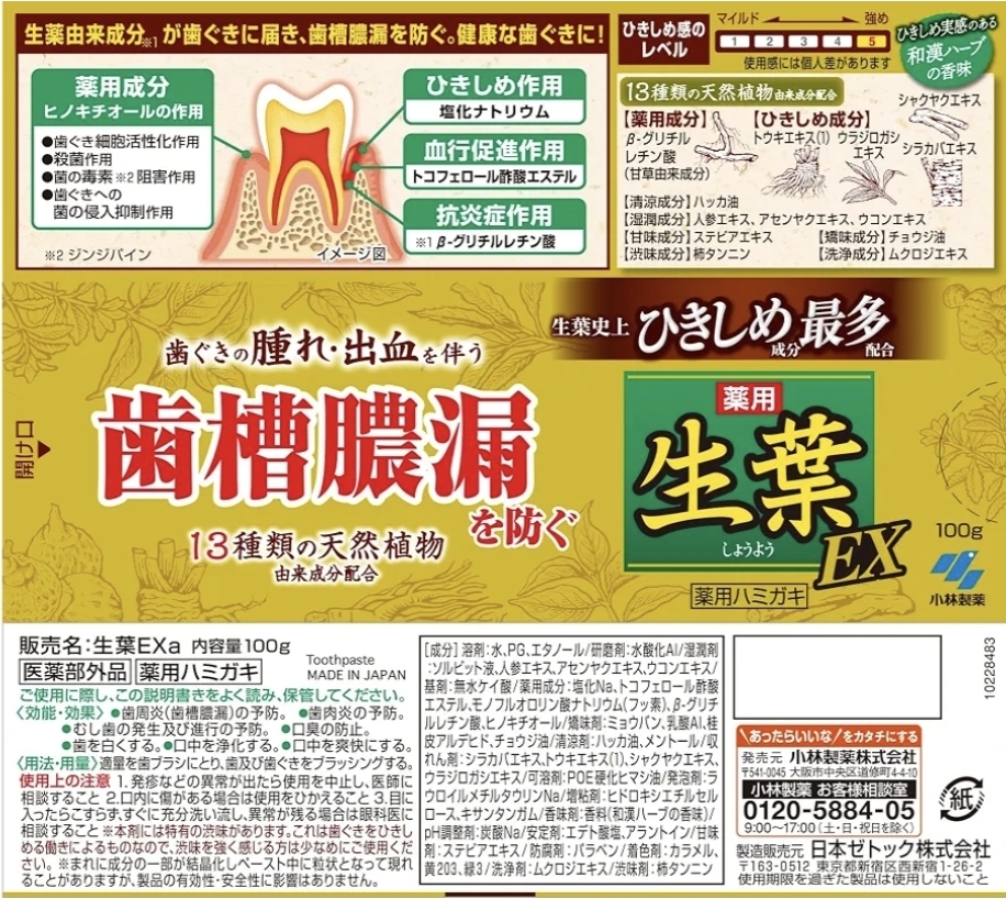 日本小林製藥 生葉EX 藥用牙膏 100g