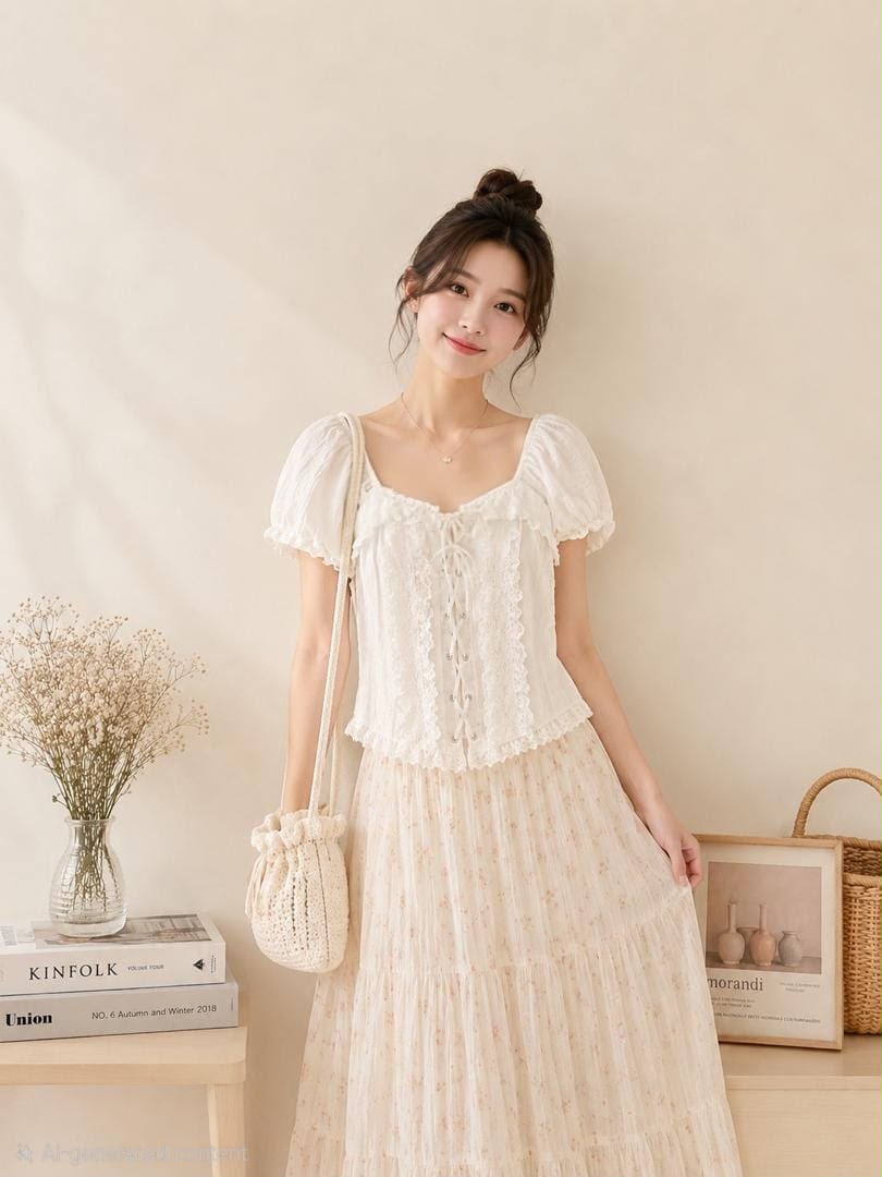 A012302 Korean Sweet Puff Sleeve Crop Top