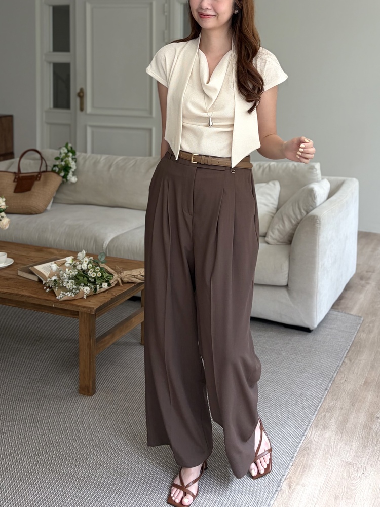 [極薄!] Strap Detail Pleated Pants (Brown)