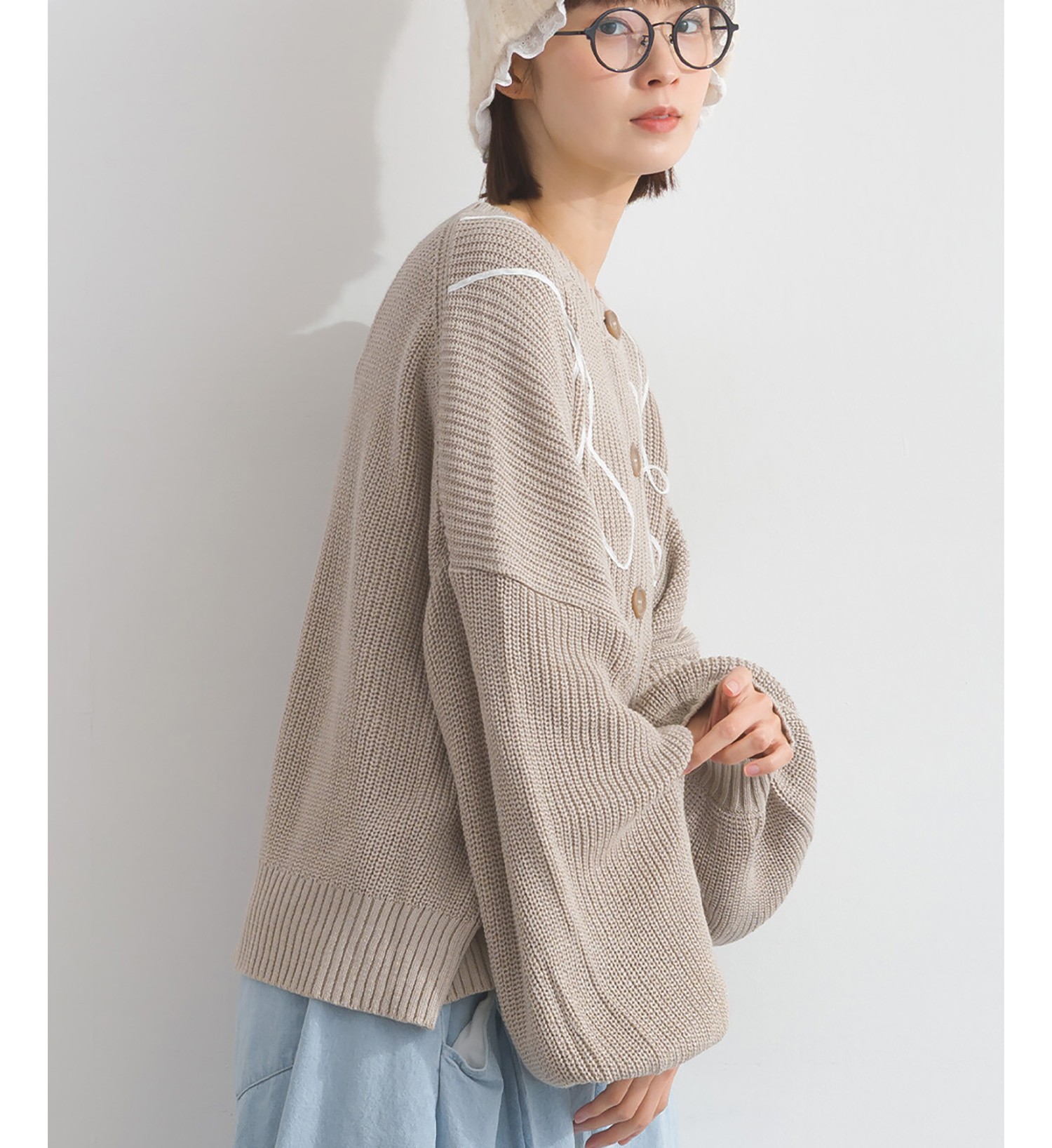 LP - 絲帶織紋開襟毛衣 (杏色)