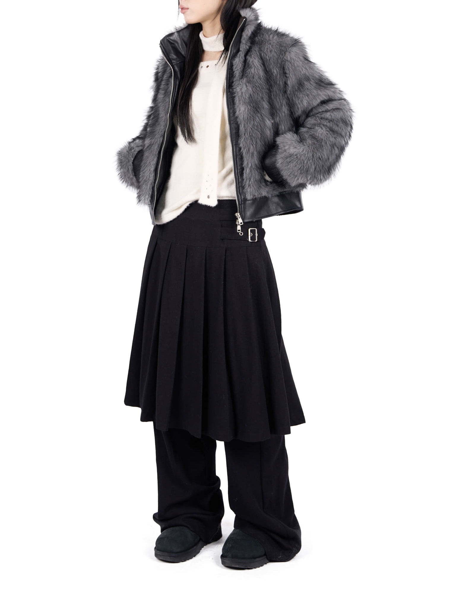 Pleated Layered Buckle Skirt Pants