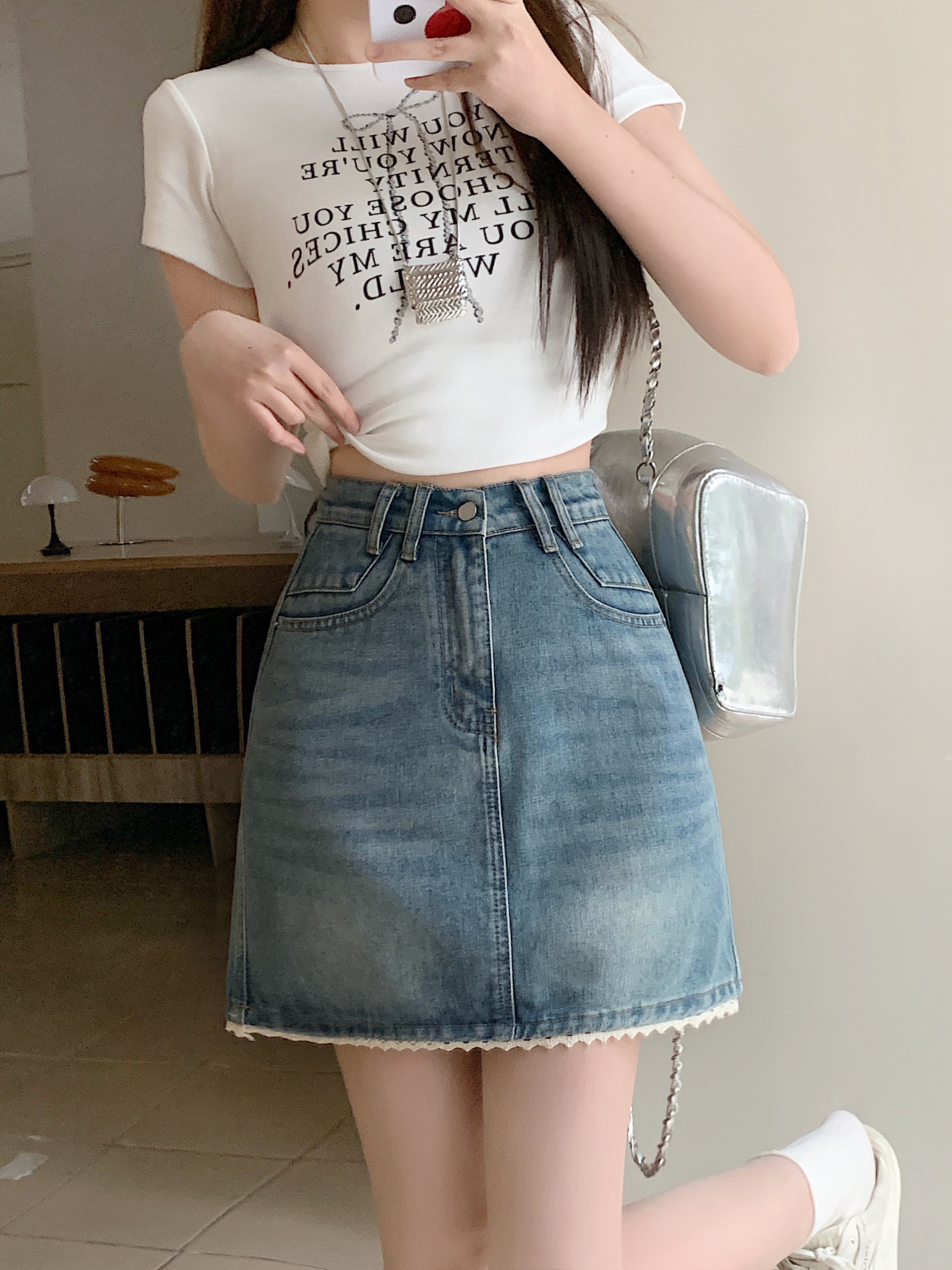 B228(65533) 韩版JEANS甜美风拼下摆边蕾丝蓝短裙