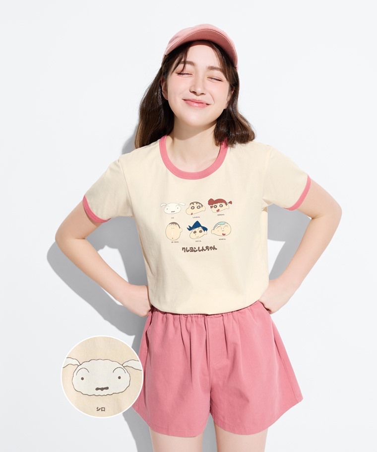 💚預訂 台灣直送💚蠟筆小新人物印花配色純棉成人女裝親子款羅紋短袖T恤