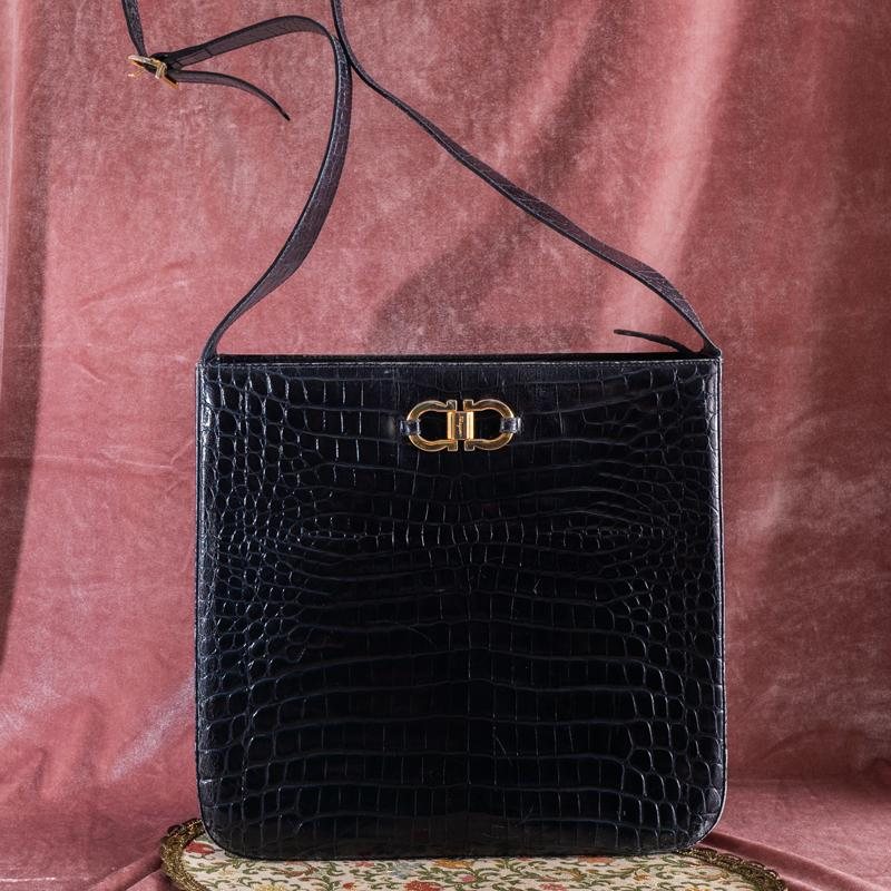 Vintage Salvatore Ferragamo Dark Blue Embossed Leather With iconic Gancini Hardware Large Two Way Shoulder / Crossbody Bag (MT1815)
