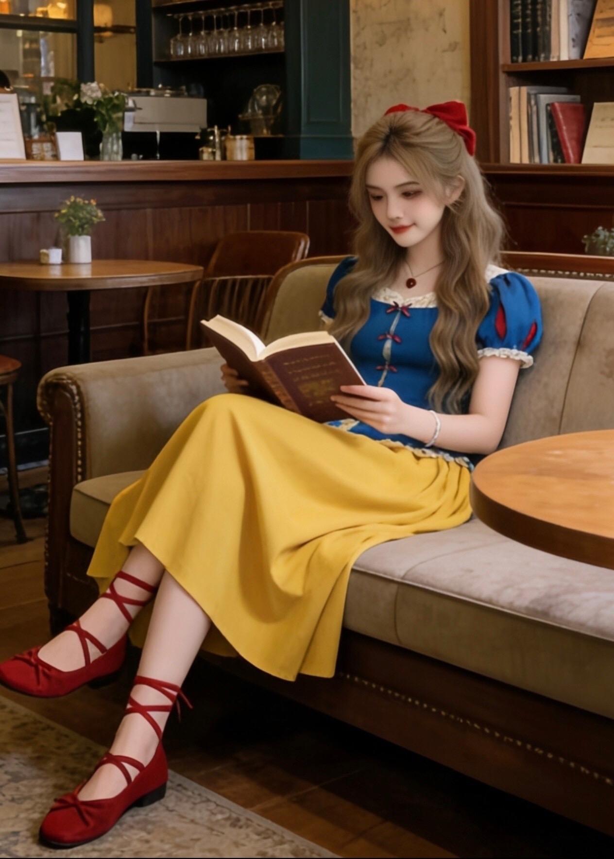 B132(9380) 法式公主风复古蕾丝花边前排红蝴蝶结蓝上衣与黄长裙套装