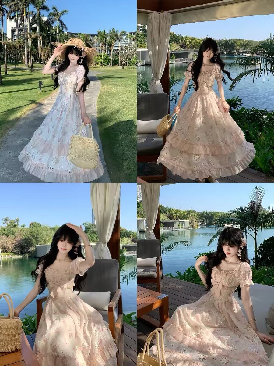 B77(1875) 法式甜美气质镂空通话木耳边碎花下摆双层荷叶粉连身裙 