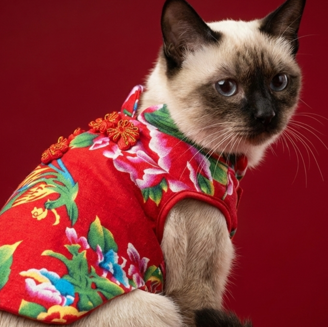 S523R 花布旗袍紅色 floral cheongsam red