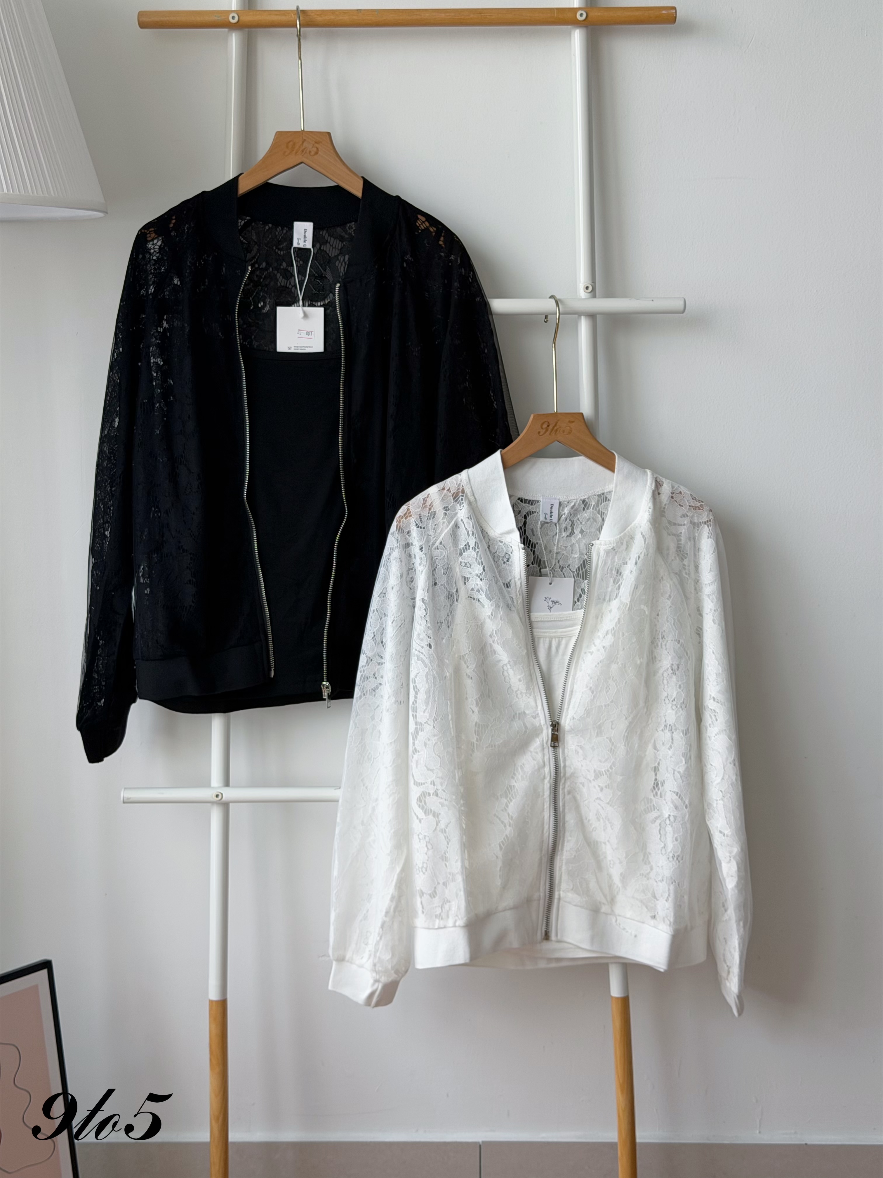 T4495 Long Sleeve Lace Bomber Jacket - Black & White