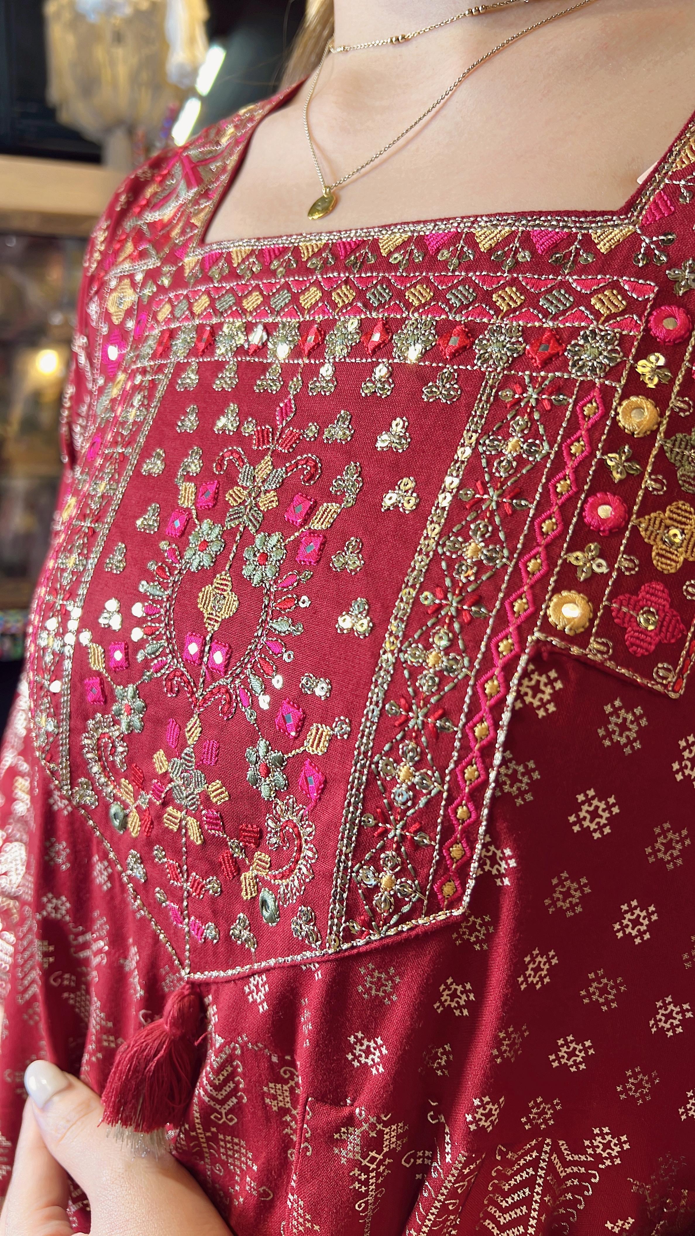 Ruby Red Square Neck Gold Print OP #1002