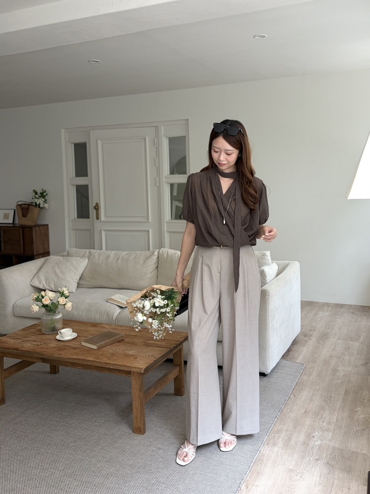 Louise Wrap Blouse with Tie (Brown)