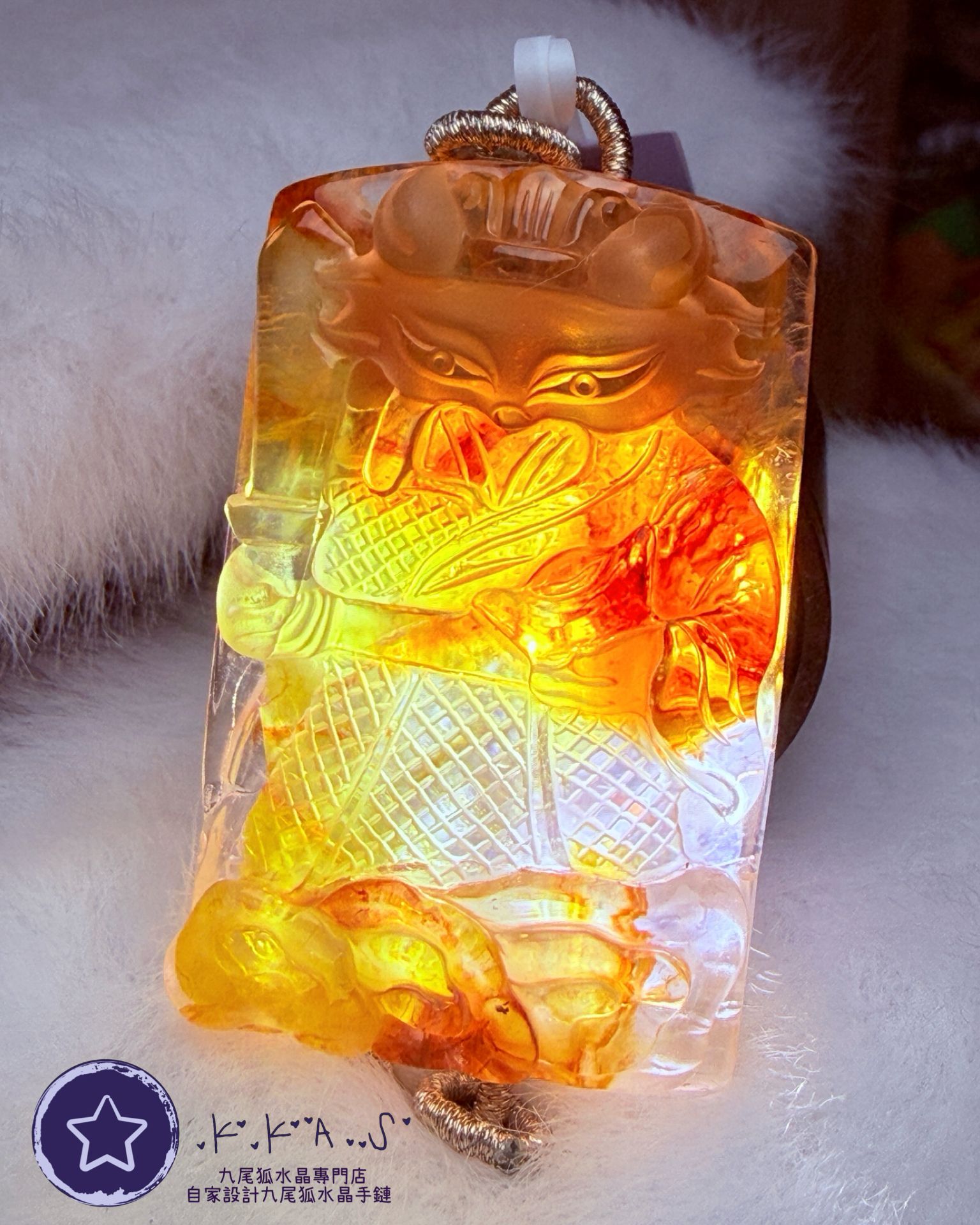 K00125 橙紅膠花 將軍狐 - 吊墜/手牌兩用款