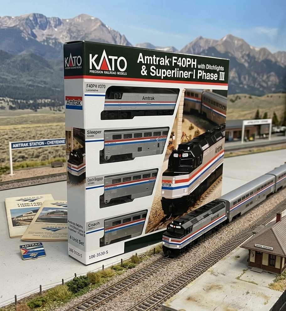 Kato 美鐵 Amtrak® F40PH 柴油機車與 Superliner® Phase III 雙層客車 4 輛組（預裝 DCC 數碼音效版）