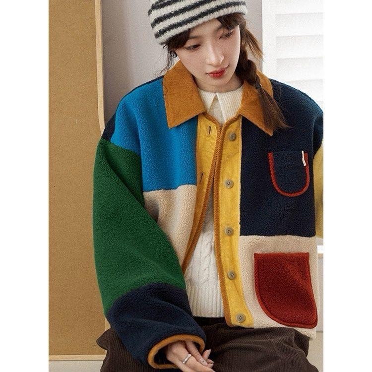 日系女裝羊羔併色褸