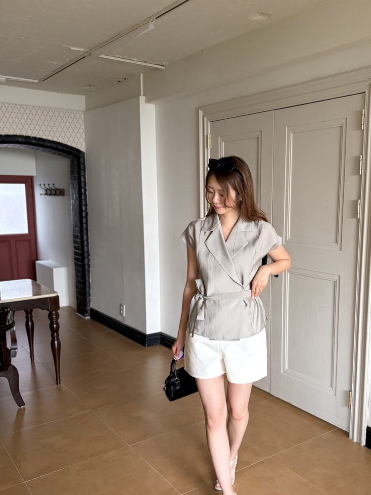 Silky Belted Wrap Blouse (Grey)