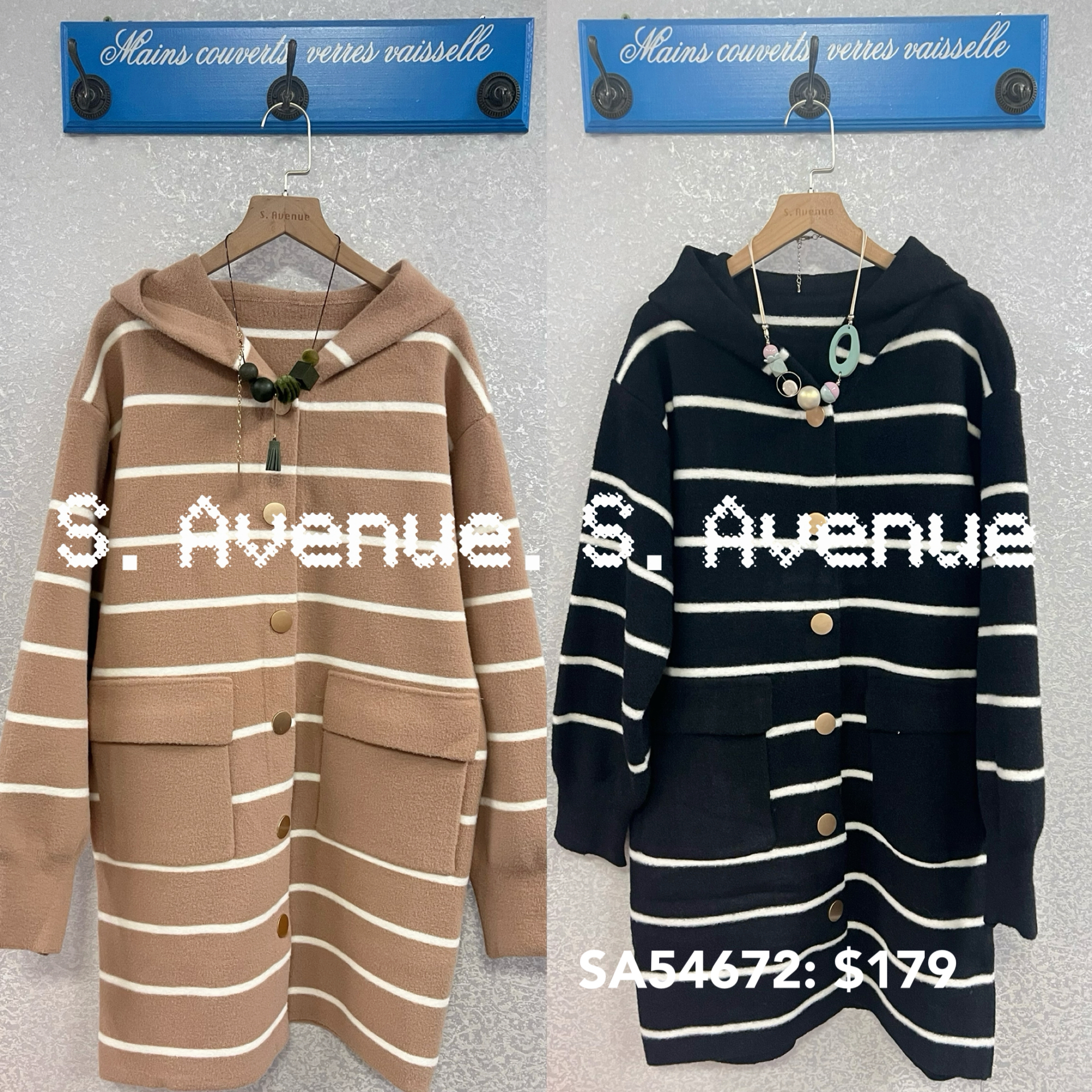 SA54672: 長袖有帽間條長身褸