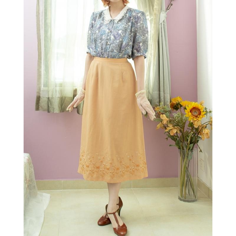 Vintage Japanese Design Peach Orange A-Line Tea Length Summer Skirt -Waist 25~28" (MT1606-57)