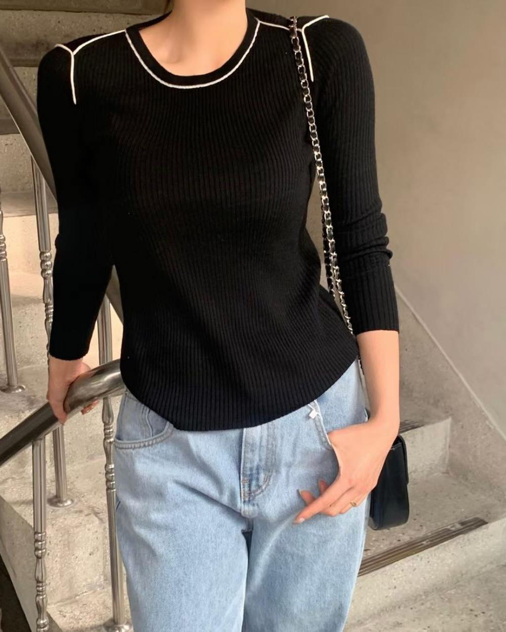 拼色線邊針織Top