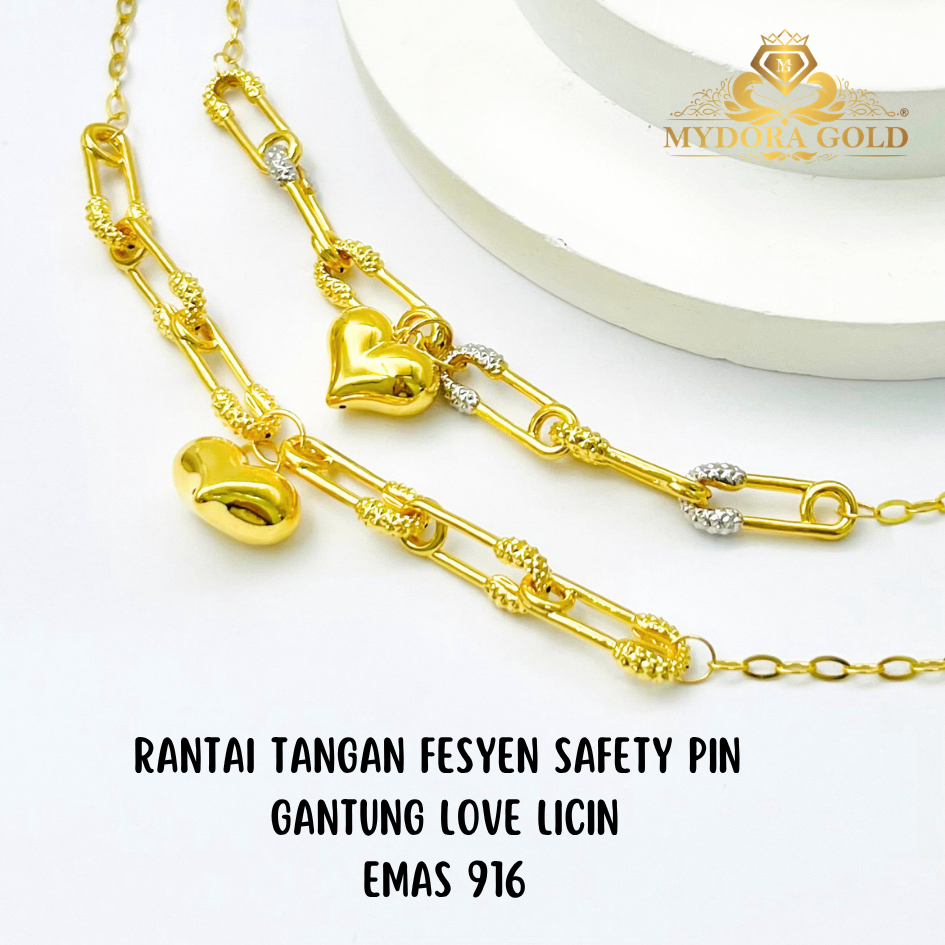 MYDORA Rantai Tangan Fesyen Safety Pin Gantung Love Licin l EMAS 916/22K