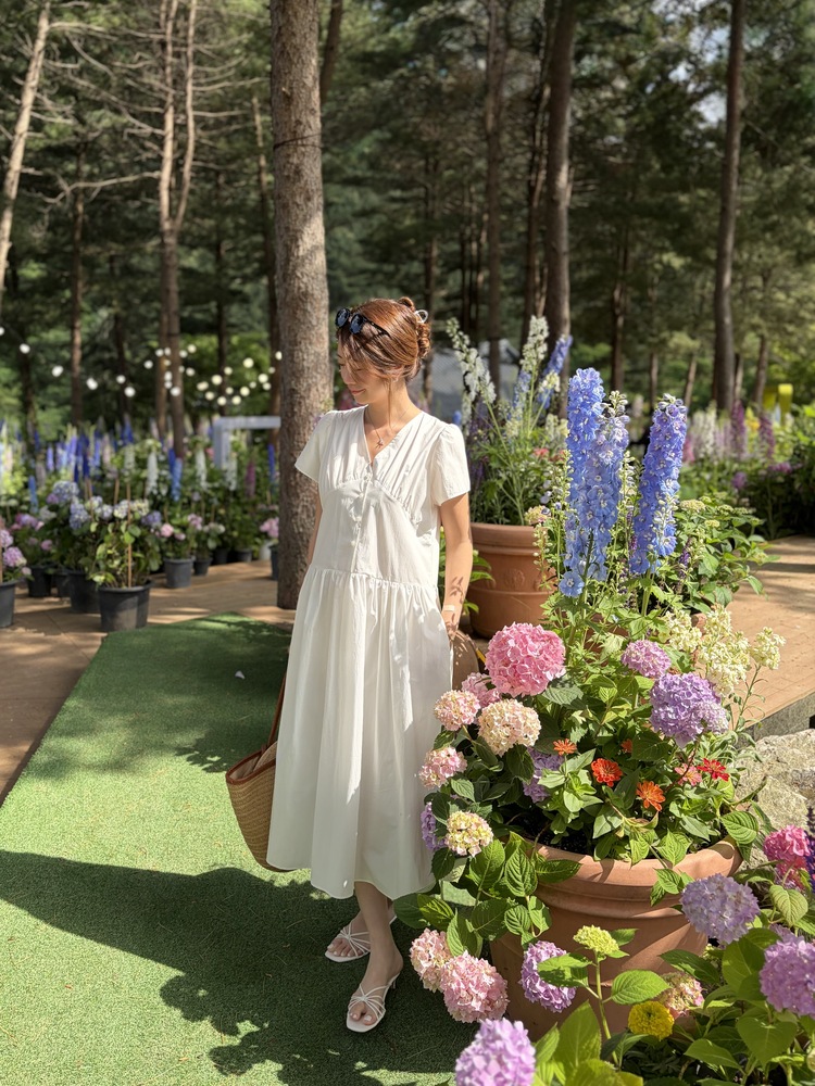 Airy Button Front Long Dress (White)
