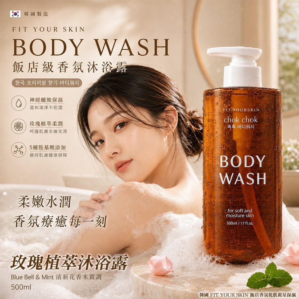  【預訂】韓國 FIT YOUR SKIN 飯店香氛乾肌救星保濕玫瑰植萃沐浴露 500ml