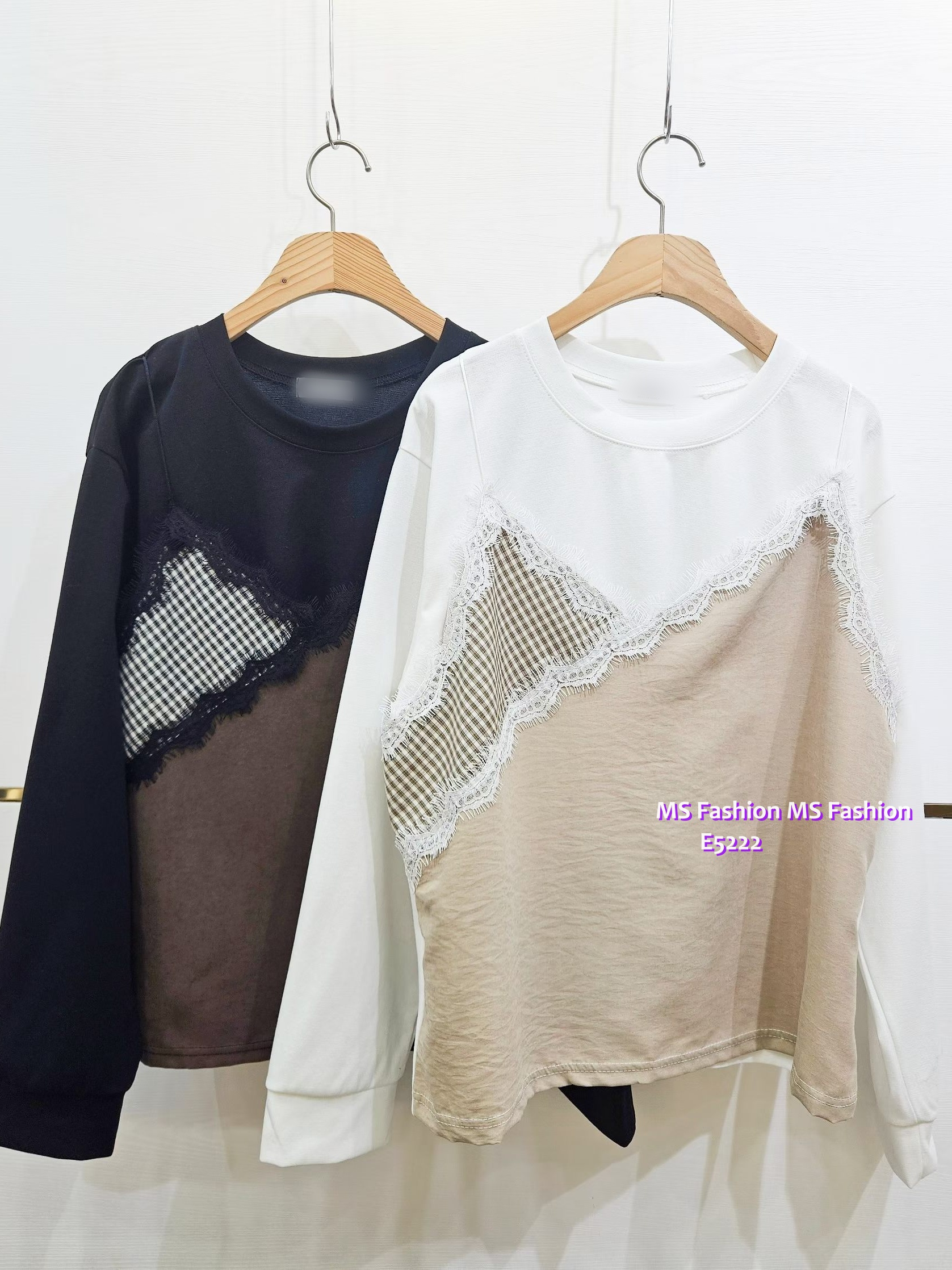 E5222 格紋lace拼布top