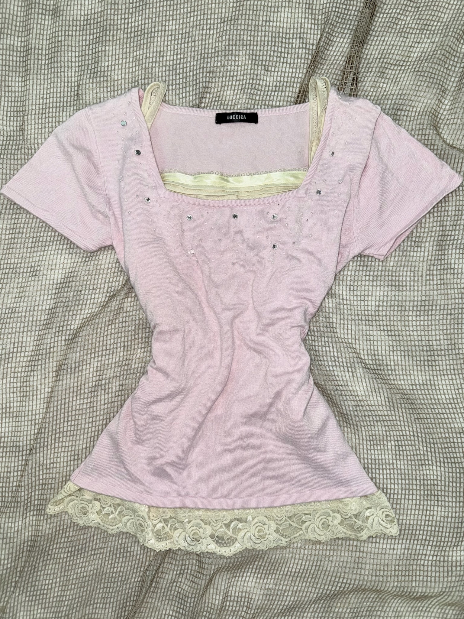 Lace Stitching Coquette Crystal-Embellished Top set