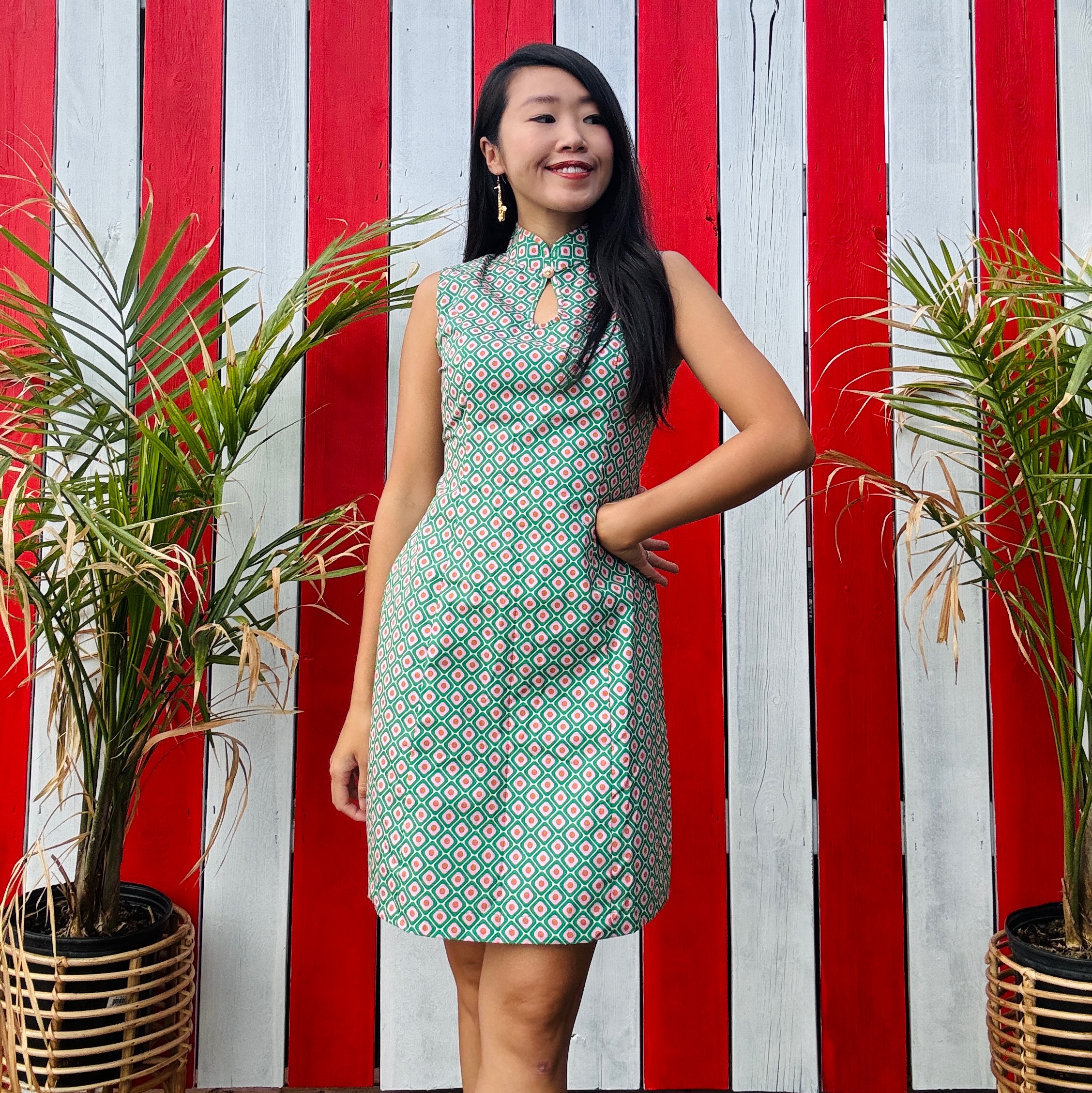 (Ready-made)100% Organic Cotton 60s Style Green Vintage Pattern Mandarin Collar Shift Dress (FM166)
