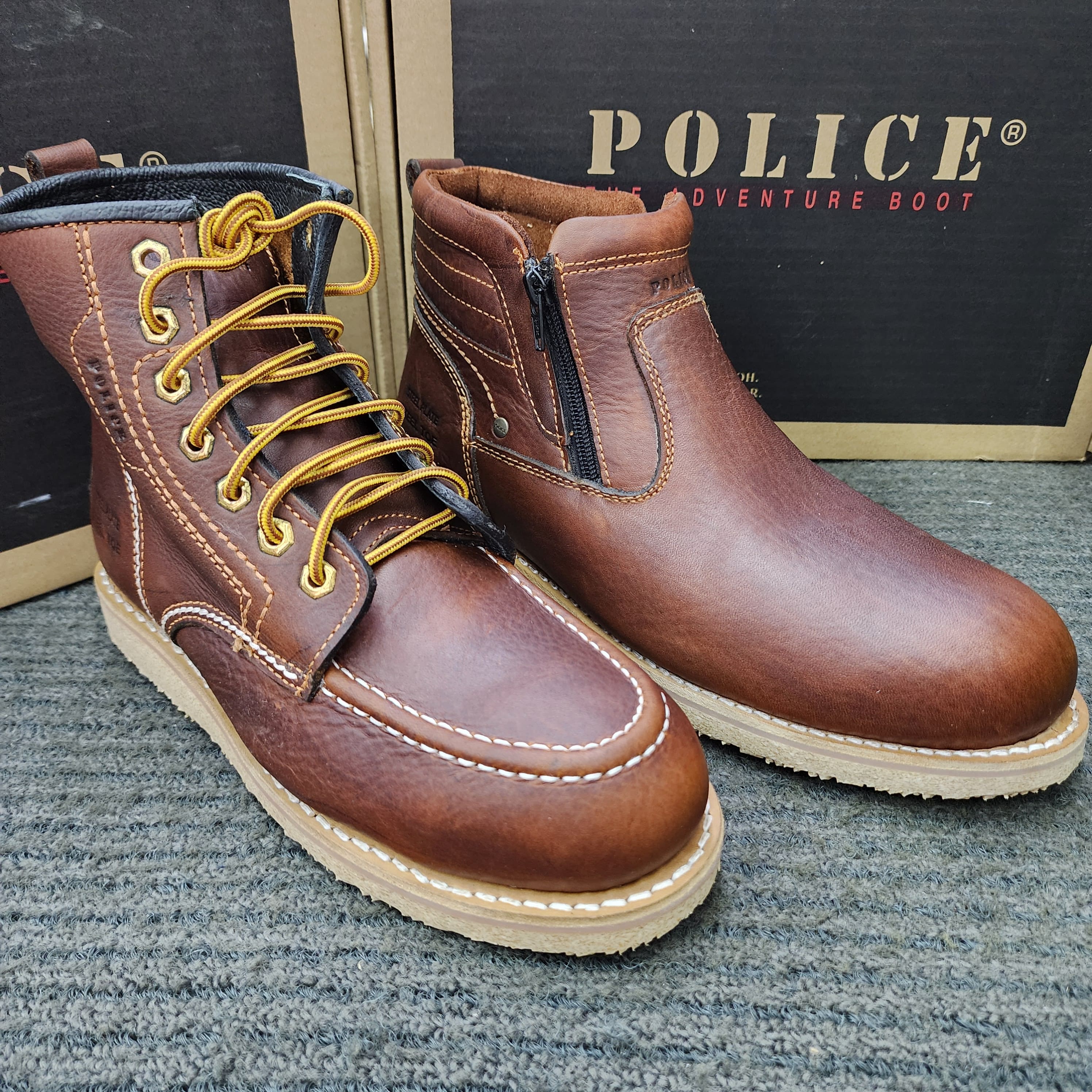 POLICE SAFETY 93597 Zip 93603 Lace Up Mid Cut Leather Safety Shoes Brown Kasut Keselamatan