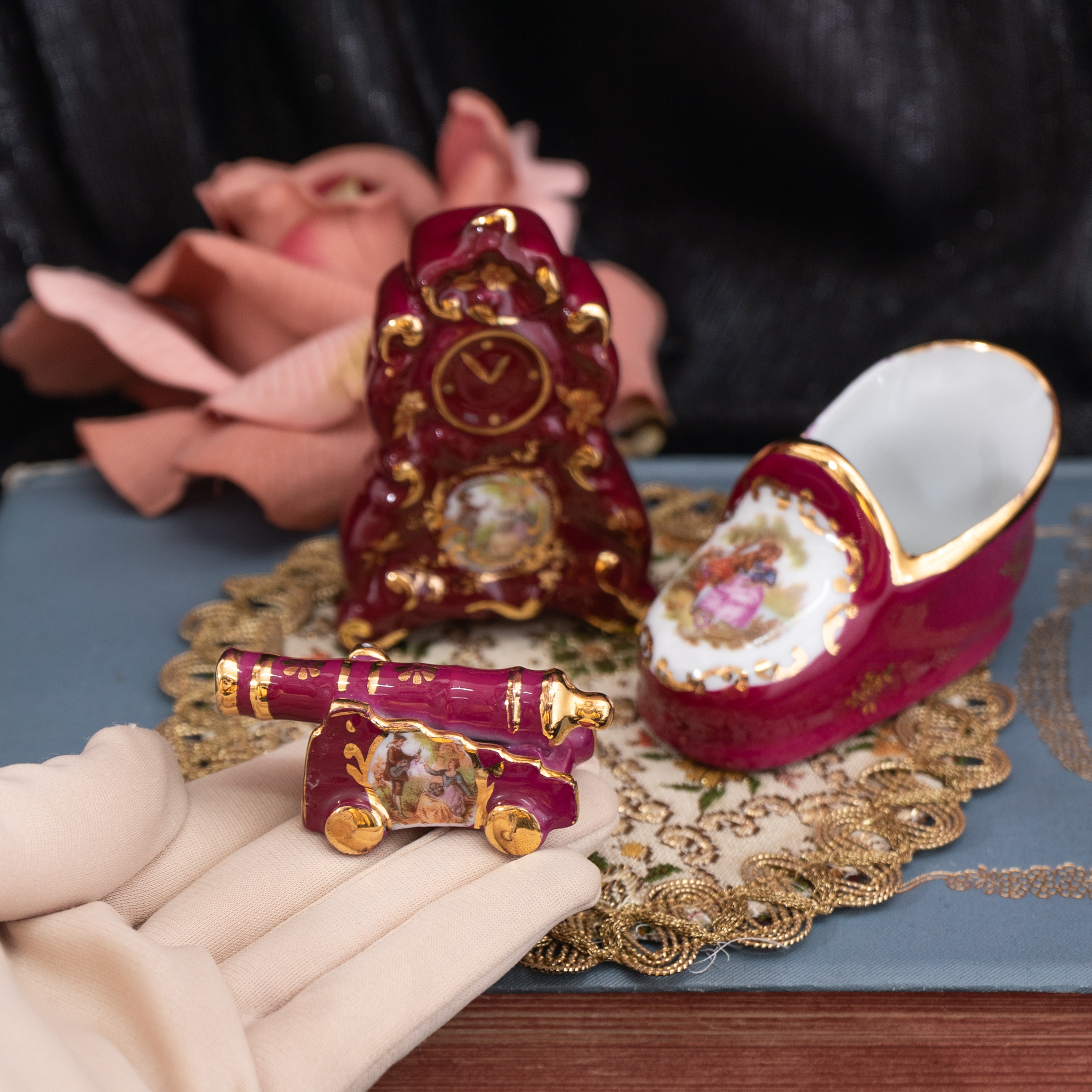 Vintage Mid-Century French Limoges Cranberry Red Porcelain Romantic Courting couple Miniature - Clock/ Cannon/ Shoe (MT1985)