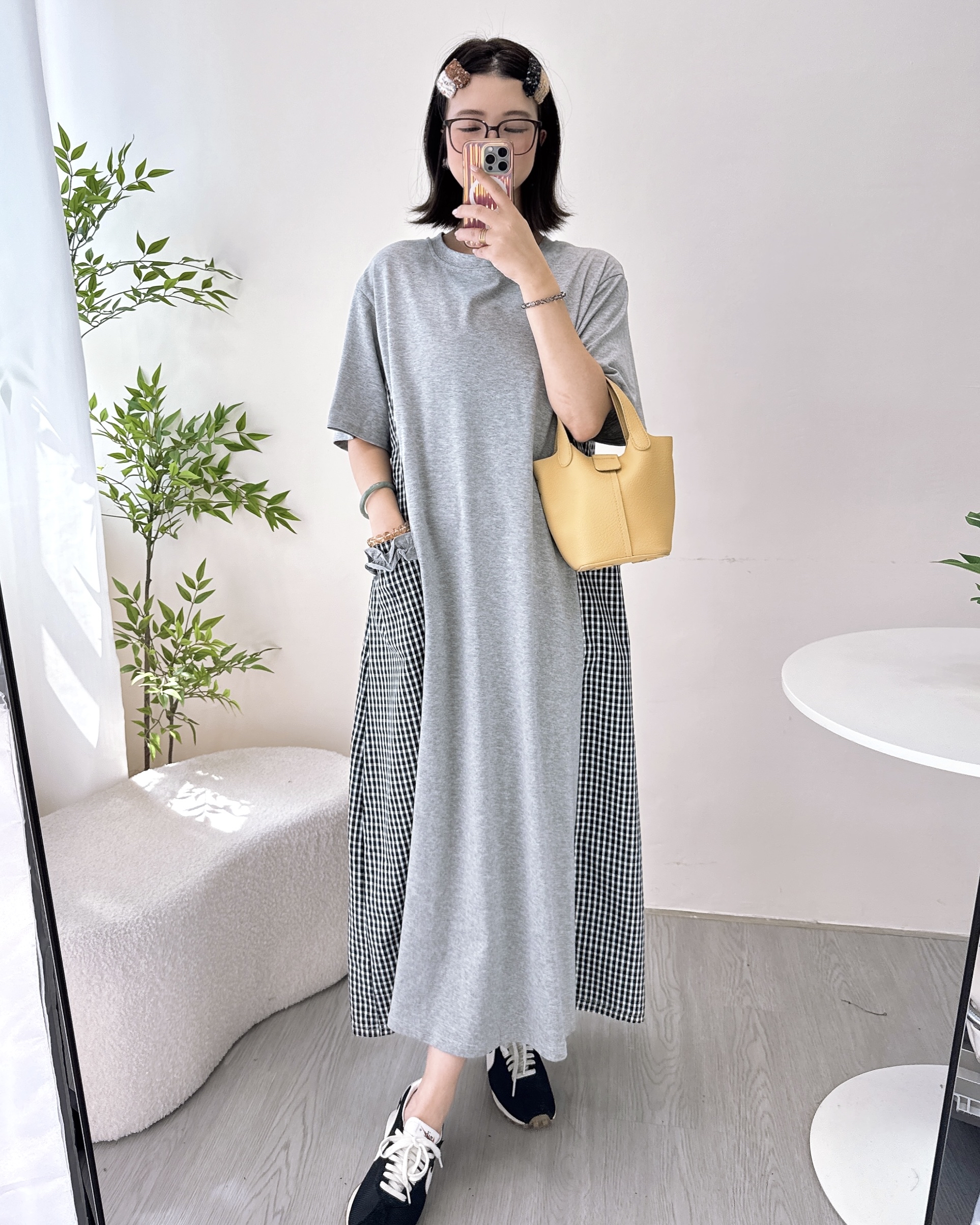 棉料拼格仔寬鬆長Ops 2色