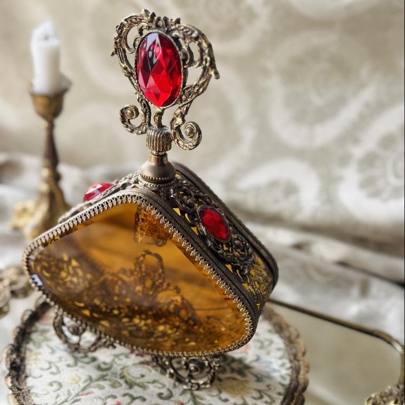 Rare! Early to Mid-Century Romantic Revival Ormolu & Amber Glass Large Perfume Bottle (MT2494)