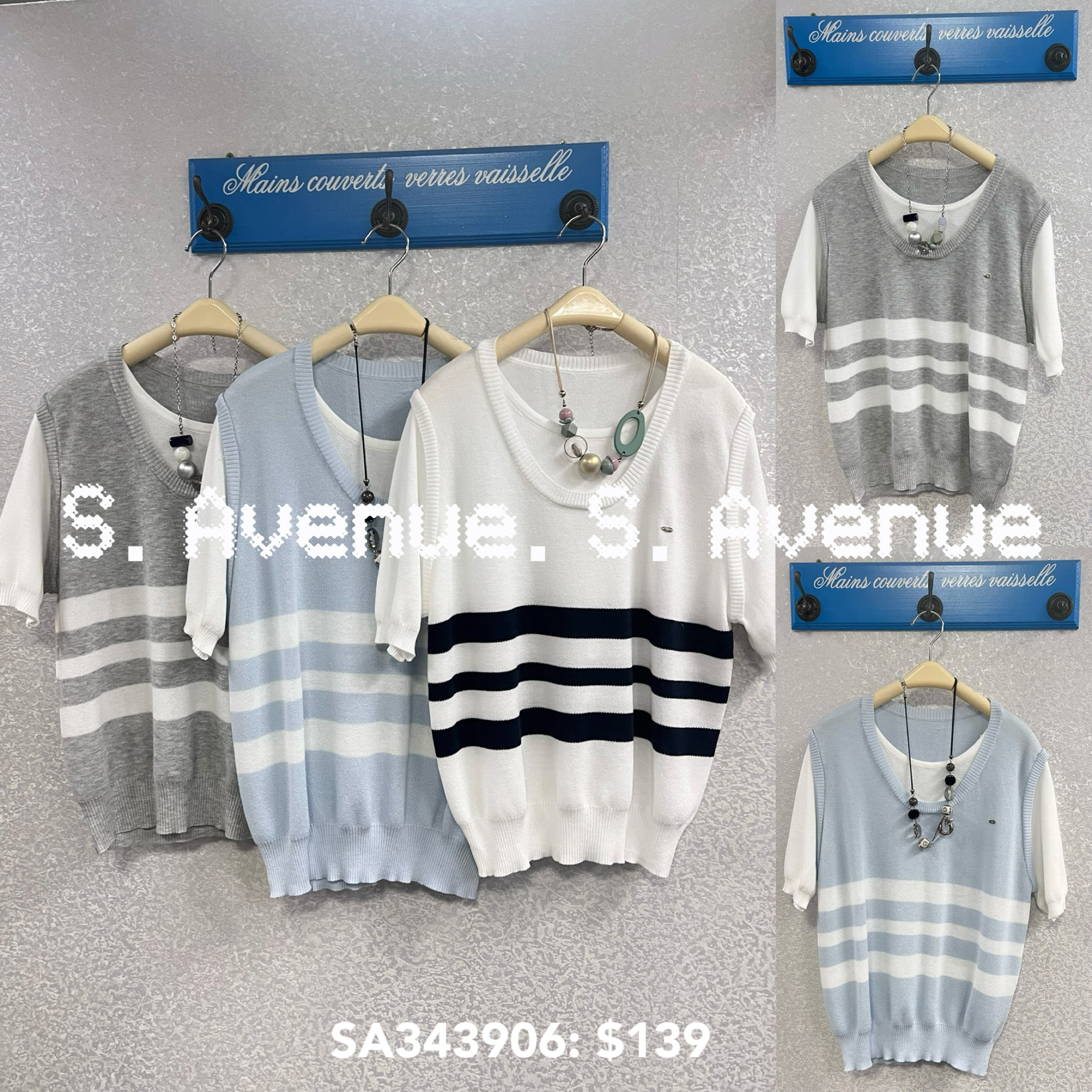 SA343906: 短袖間條假兩件線top