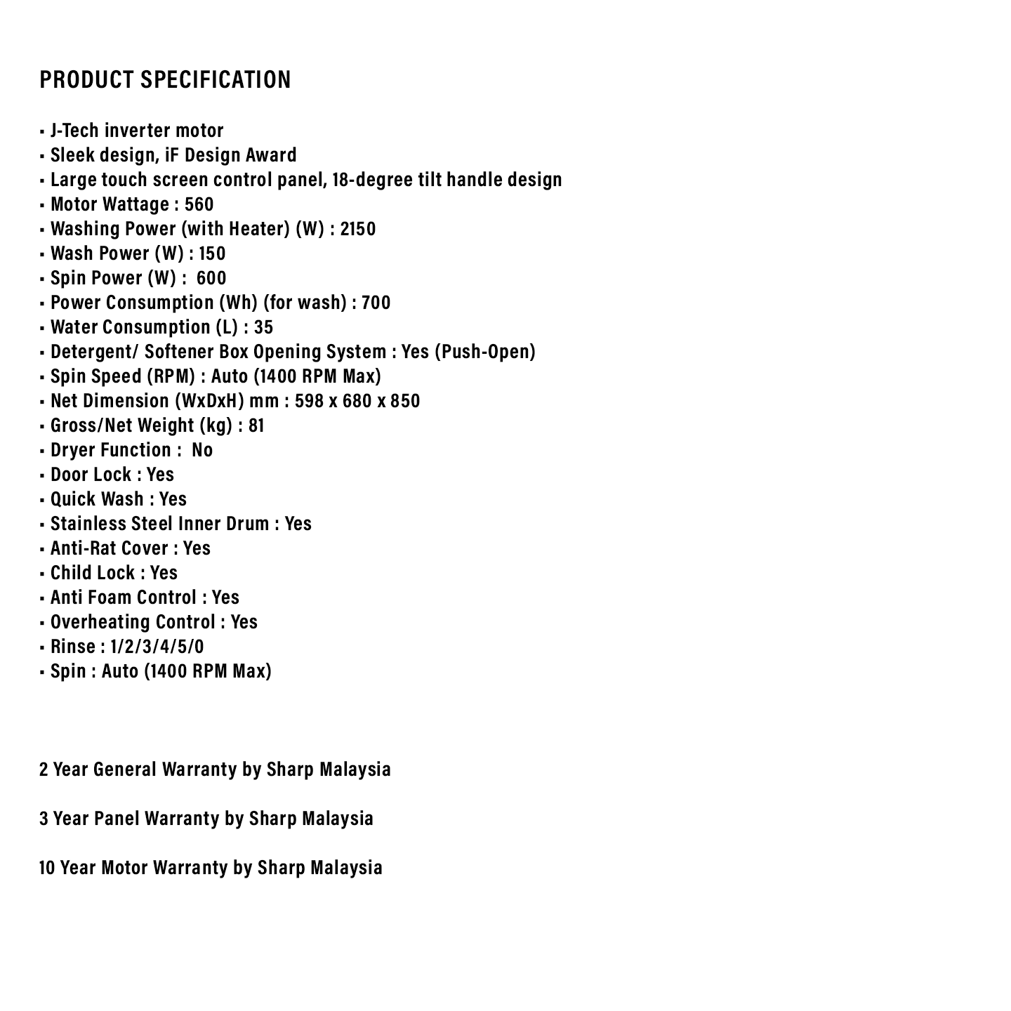 Sharp 10.5kg J-Tech Inverter Front Load Washer (ESFK1054SMG)