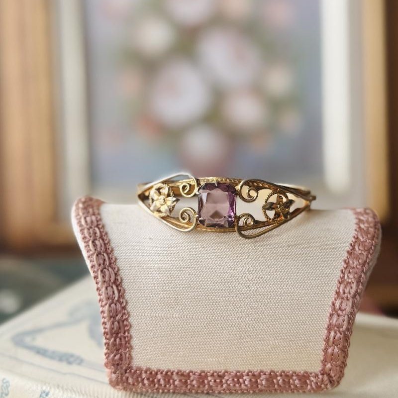 Early 20th Century Gold Filled Faceted Purple Glass Bangle / Hinged Bracelet (MT2307)