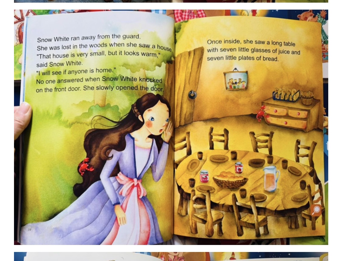 1. Snow White（白雪公主） 2. Cinderella（灰姑娘） 3. Jack and the Beanstalk（傑克與魔豆） 4. Three Little Piggies（三隻小豬） 5. Little Red Riding Hood（小紅帽） 6. Five Peas（五顆豌豆） 7. Coloring Book（塗色書/互動書）